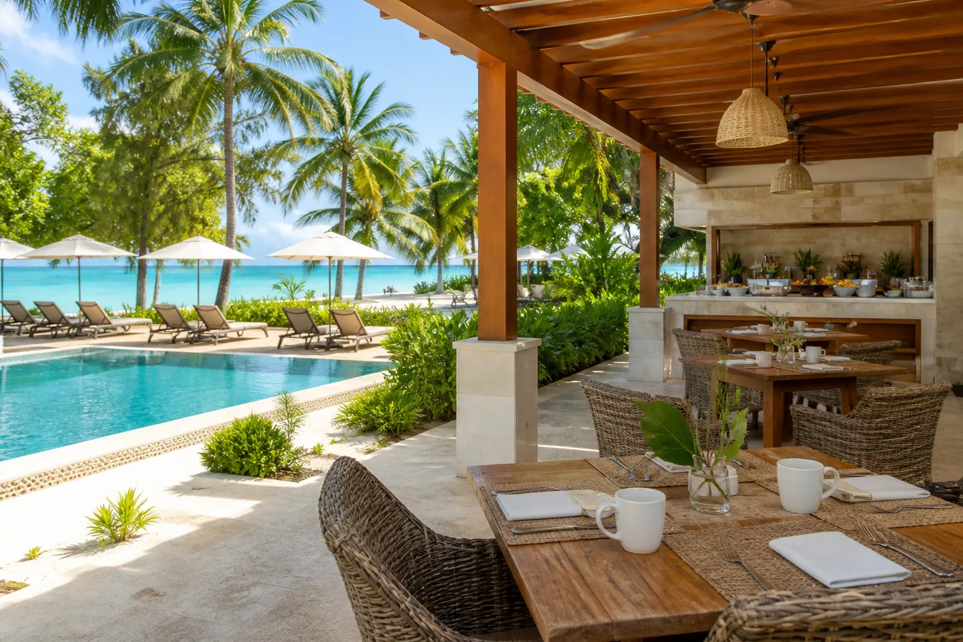 Resort tout inclus avec piscine, restaurant et accès à la plage